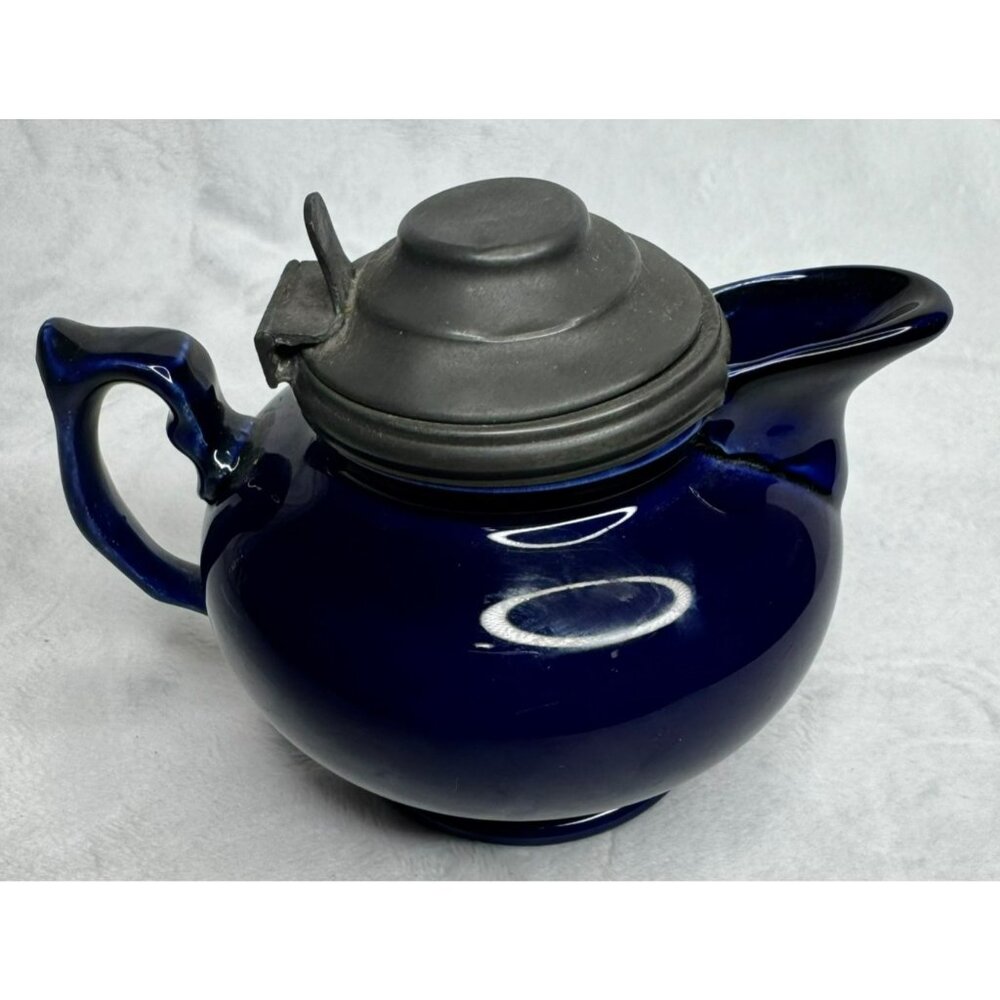 Antique Blue Porcelain Creamer With Pewter Hinged Lid & Handle